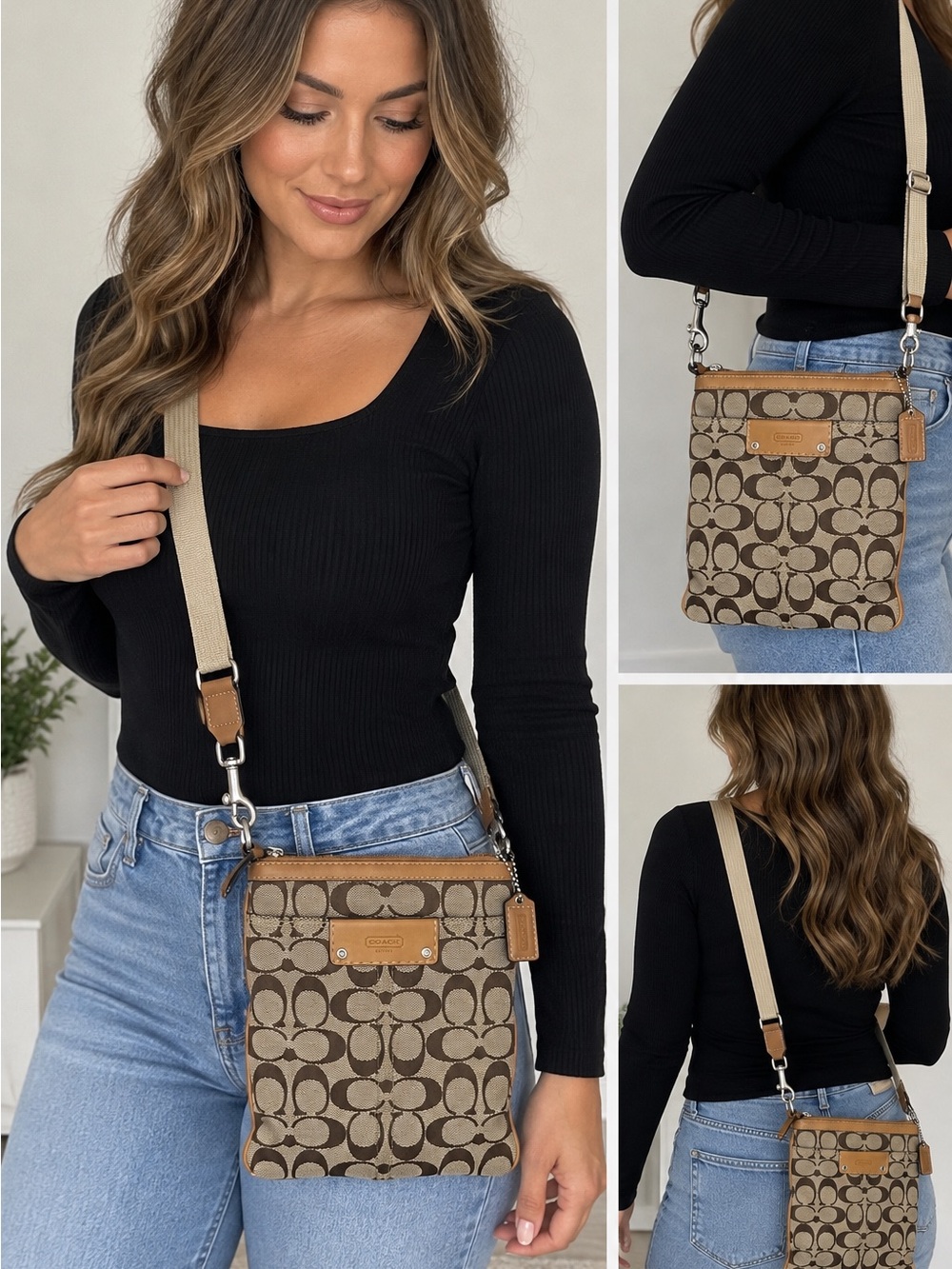 Coach Signature Jacquard Swingpack Crossbody Bag Khaki Brown Y2K